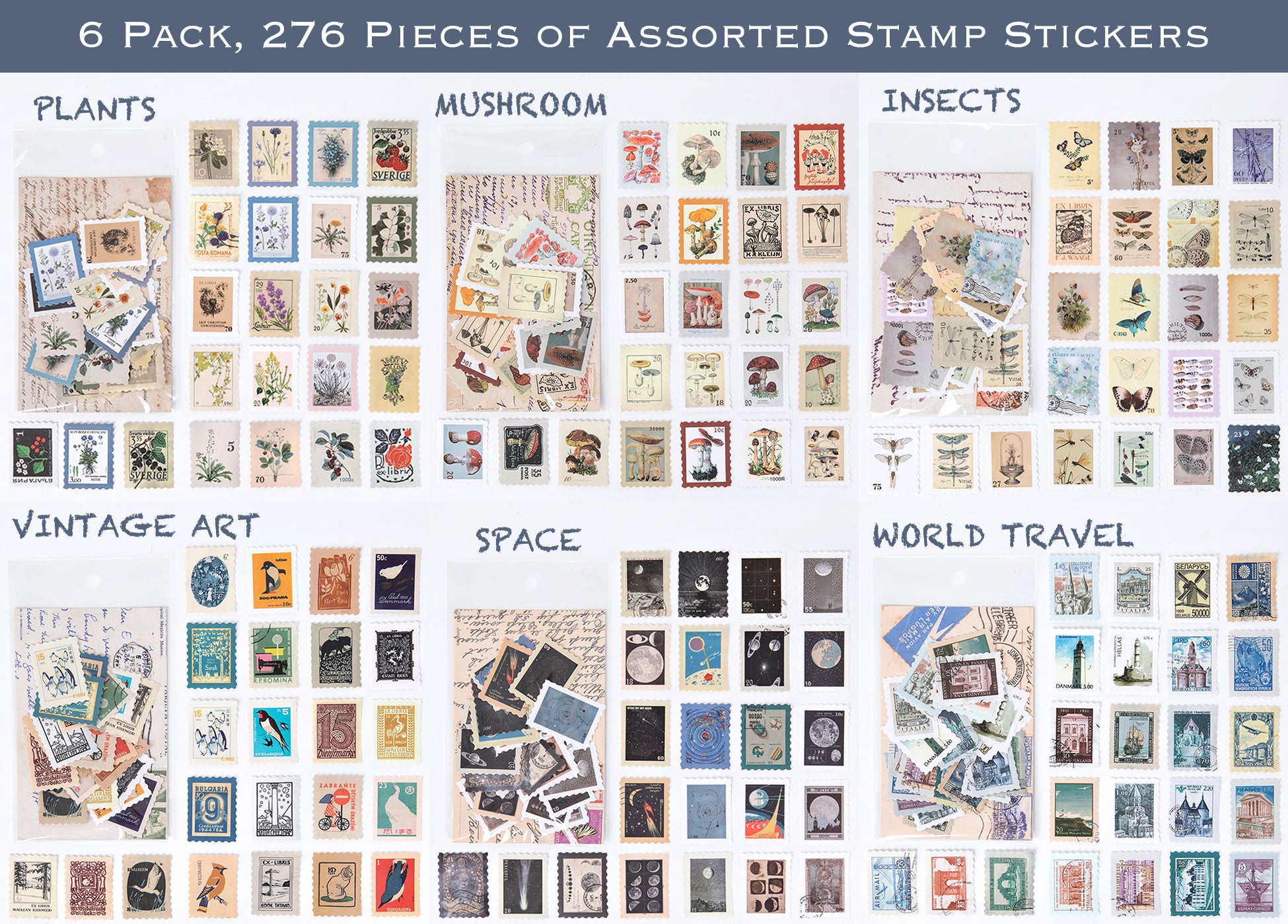 OIIKI 184 Pcs Vintage Fake Postage Stamp Stickers Set, Animals Plant  Assorted Designs Stamp Shape Decorative Stickers for Journaling  Scrapbooking